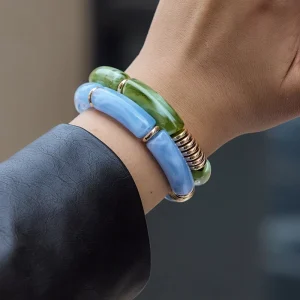 18K Gold Plated Stainless Steel Bangle Set UV Gold Plated Green Blue Resin Gradient Vintage Bracelet Fashion Jewelry for Women