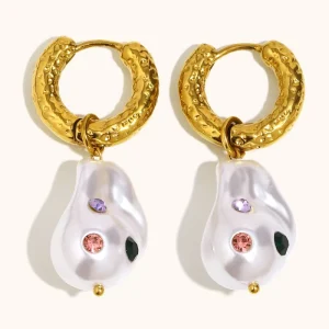 18K Gold Plated Stainless Steel Baroque Pearl with Colored Rhinestones Fashion Pendant Earrings