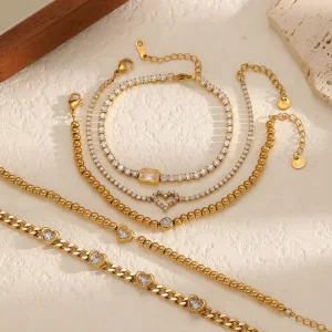 18K Gold Plated Stainless Steel Beaded Bracelets Heart Shaped CZ Cubic Zirconia Tennis Chain Bracelet for Women Fashion Jewelry