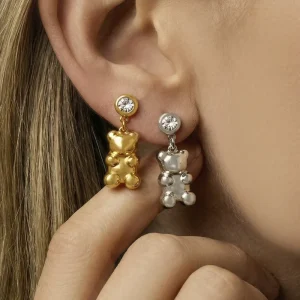 18K Gold Plated Stainless Steel Bear Pendant Earrings Women 5A Cubic Zirconia Non Tarnish Waterproof Cute Animal Jewelry Gift
