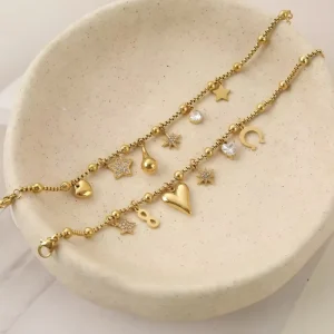 18K Gold Plated Stainless Steel Bracelet for Women Heart Star Charm Zircon Butterfly for Summer Winter Vacations Buddhist