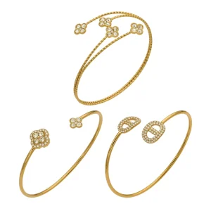 18K Gold Plated Stainless Steel CZ Flower Open Bangle Bracelet for Women Hypoallergenic Wedding Party Jewelry