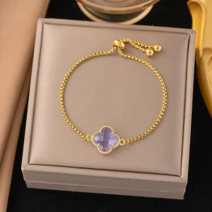 18K Gold Plated Stainless Steel Charm Clover Bracelet for Women White Black Lucky Four Leaf Jewelry Gifts