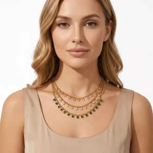 18K Gold Plated Stainless Steel Charm Necklace Green White Pink Zirconia Pendant Chain Bezel Set Cuban Link Choker for Women