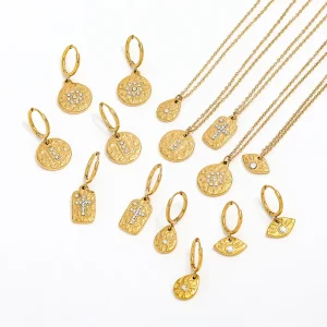 18K Gold Plated Stainless Steel Cross Eye Waterdrop Star Coin Pendant Necklace and Earring Set