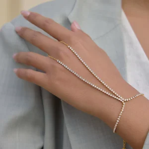 18K Gold Plated Stainless Steel Crystal Linked Finger Bracelet Luxury Fashion Jewelry for Women