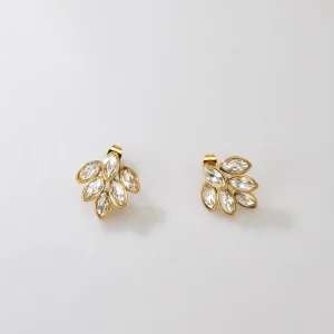 18K Gold Plated Stainless Steel Custom Jewelry White Leaves Crystal Rhinestone Stud Earrings for Women Anniversary