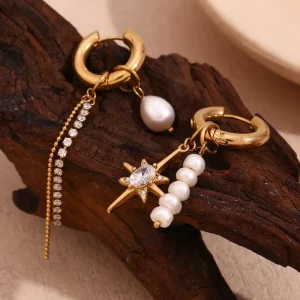 18K Gold Plated Stainless Steel Dangle Earrings for Women Pendant with Pearl and Zircon Stylish Jewelry