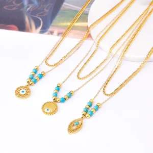 18K Gold Plated Stainless Steel Double Layered Evil Eyes Pendant Necklace for Women Girls
