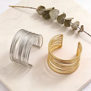 18K Gold Plated Stainless Steel Exaggerated Punk Multi Layer Line Open Bangle Bracelet Waterproof for Party Women Jewelry