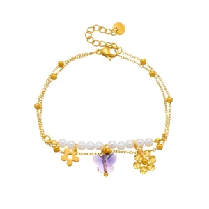18K Gold Plated Stainless Steel Flower Butterfly Charms Pearl Bracelet Tarnish Free Chain Bracelet for Women