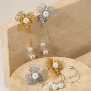 18K Gold Plated Stainless Steel Flower Pearl Drop Earring for Women Waterproof Hypoallergenic
