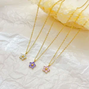 18K Gold Plated Stainless Steel Flower Pendant Necklace Tiny Size Diamond Petals Charm Necklace for Women Gift Date
