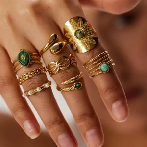18K Gold Plated Stainless Steel French Design Ring Natural Malachite Stone Pearl Fashion Jewelry Ring for Women