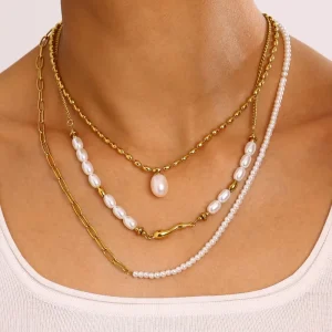 18K Gold Plated Stainless Steel Freshwater Pearl Necklace Set Mixed Chain Boho Look Daily Layered Fashion Jewelry
