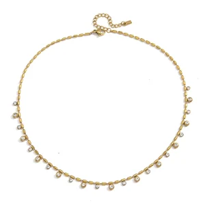 18K Gold Plated Stainless Steel Geometric Bar Link Bezel CZ Choker Necklace Waterproof Dainty Minimalist Jewelry for Women