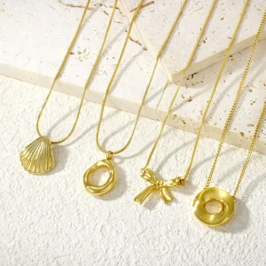 18K Gold Plated Stainless Steel Geometric Oval Retro Circle Pendant Fine Beads Trendy Link Chains Christmas Jewelry