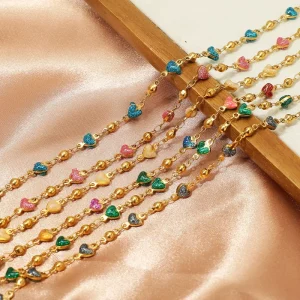 18K Gold Plated Stainless Steel Glitter Enamel Heart Bead Chain Waterproof DIY Jewelry Making Supplies for Necklace Bracelet