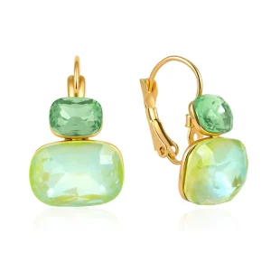 18K Gold Plated Stainless Steel Green Square Rhinestone Double Layer Earrings for Women