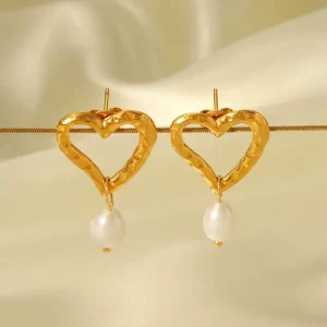 18K Gold Plated Stainless Steel Heart Freshwater Pearl Dangle Earrings Tarnish Free Trendy Jewelry for Women