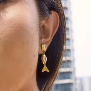 18K Gold Plated Stainless Steel Heart Hoop Earrings with Natural Stone Trendy Party Jewelry