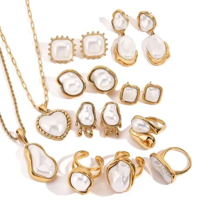 18K Gold Plated Stainless Steel Jewelry Baroque Pearl Family Earrings Necklace Ring Set