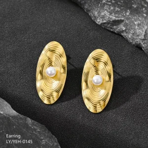 18K Gold Plated Stainless Steel Jewelry Chunky Luxury Exaggerated Geometric Oval Threaded Pearl Stud Earrings Women Party