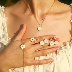 18K Gold Plated Stainless Steel Jewelry Set for Women Pearl Flower Charm Earrings Rings Bracelet Necklace