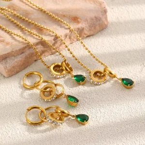 18K Gold Plated Stainless Steel Jewelry Set with Green Zircon Drop Necklace, Bracelet, and Earrings