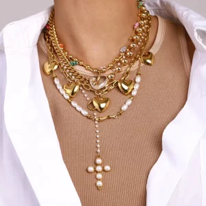 18K Gold Plated Stainless Steel Layered Necklace Set with Heart Pearl Cross