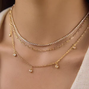 18K Gold Plated Stainless Steel Layered Necklace for Women Rhinestone Chain Round Zirconia Multi Chain Fashion Jewelry