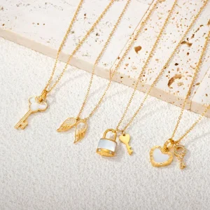 18K Gold Plated Stainless Steel Link Chain Diamond Key Pendant Necklace with Love Angel Wing Necklace