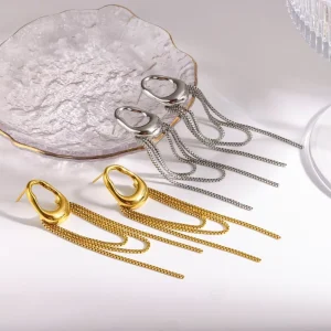 18K Gold Plated Stainless Steel Long Tassel Drop Earrings Irregular Hollow Oval Box Chain Dangle Fashion Earrings for Women