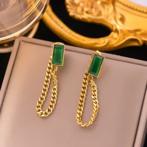 18K Gold Plated Stainless Steel Minimalist Green Stone Chain Earrings Jewelry Women for Party Gift