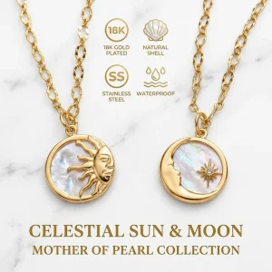 18K Gold Plated Stainless Steel Mother of Pearl Necklace Set Sun Moon Star Celestial Pendant Fine Chain Jewelry Unisex