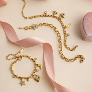18K Gold Plated Stainless Steel Multi Charm Bracelet with Lock Key Heart CZ for Women