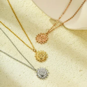 18K Gold Plated Stainless Steel Necklace Set Classic Style Geometric Pendant for Him & Her Romantic Anniversary Couples’ Jewelry