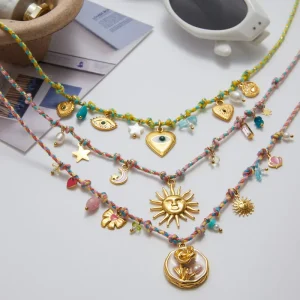 18K Gold Plated Stainless Steel Necklace With Sun Pendant Pearl and Zircon Multi Strand Resort Style Jewelry
