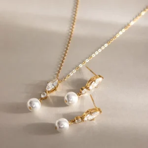 18K Gold-Plated Stainless Steel Necklace and Earring Set with Glass Pearl and Zircon