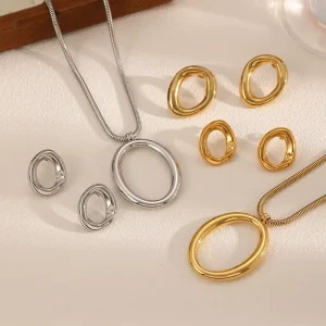 18K Gold-Plated Stainless Steel O-Shaped Charm Necklace and Earrings Set
