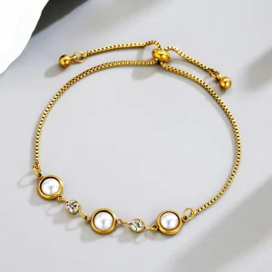 18K Gold Plated Stainless Steel OT Pearl Handmade Bracelet Pullable Chain Bracelet