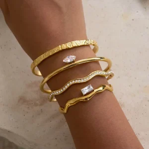 18K Gold Plated Stainless Steel Open Bangle Emerald Cut Cubic Zirconia Non Tarnish Women’s Bracelet
