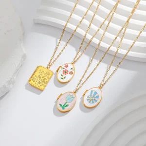 18K Gold Plated Stainless Steel Openable Photo Locket Necklace Colorful Enamel Floral Tulip Seashell Pendant Women Jewelry Gift