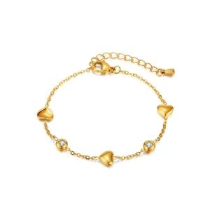 18K Gold Plated Stainless Steel Original Design Heart Crystal Round Beaded Charm Bracelet Jewelry