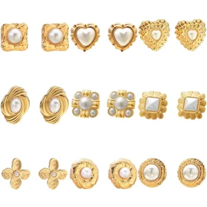 18K Gold Plated Stainless Steel Pearl Stud Earrings Geometric Vintage Style Women Jewelry