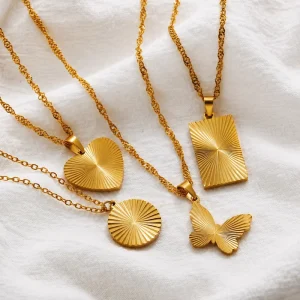 18K Gold Plated Stainless Steel Pendant Necklace Rope Chain Butterfly Heart Sunburst Charm Set Trendy Minimalist Fashion Jewelry