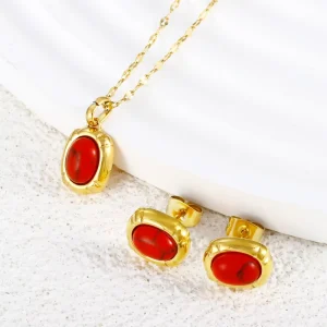 18K Gold Plated Stainless Steel Pendant Necklace with Emerald Cut Red Agate and Link Chain