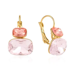 18K Gold Plated Stainless Steel Pink Square Rhinestone Earrings for Women Sweet Double Layer Stud Earrings Gift
