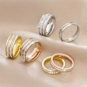 18K Gold Plated Stainless Steel Rings Geometric Arrangement Cubic Zirconia Classic Shiny Inlay Engagement Party