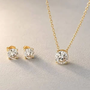 18K Gold Plated Stainless Steel Round CZ Solitaire Pendant Necklace Stud Earrings Waterproof Classic Cubic Zirconia Jewelry Set